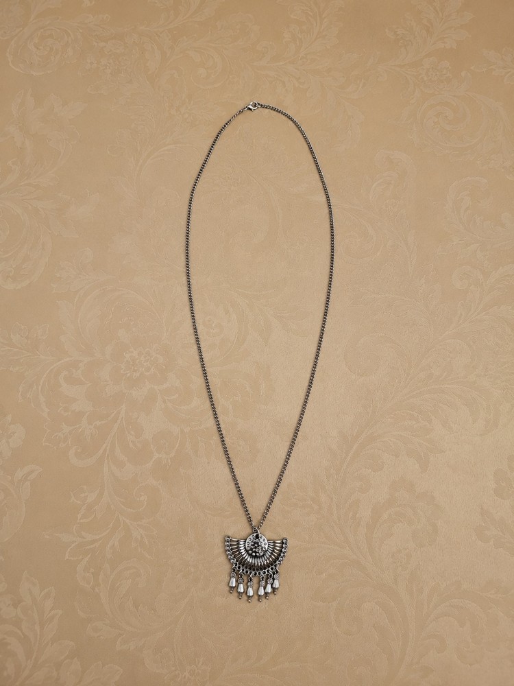 Vintage Silver Tone Boho Fringe Statement Pendant Necklace Tribal Ethnic Style