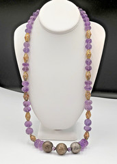 Vtg Chinese Carved Amethyst Bead & Gold Cloisonne Necklace, 168 grams, 30″ Long