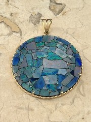 Large Vintage 14K Gold Rope Design Opal Mosaic Statement Pendant 2 5/8″ length
