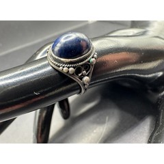 Vintage Lapis Lazuli Oval Filigree Silver Tone Women’s Cocktail Band Ring