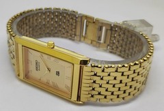 Vintage Seiko Slim Quartz Tank Unisex Refurbished Japanese Wrist Watch Gold Dial