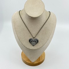 Vintage Silver Tone Filigree Triple Heart Pendant Necklace Clear Rhinestone Y2K