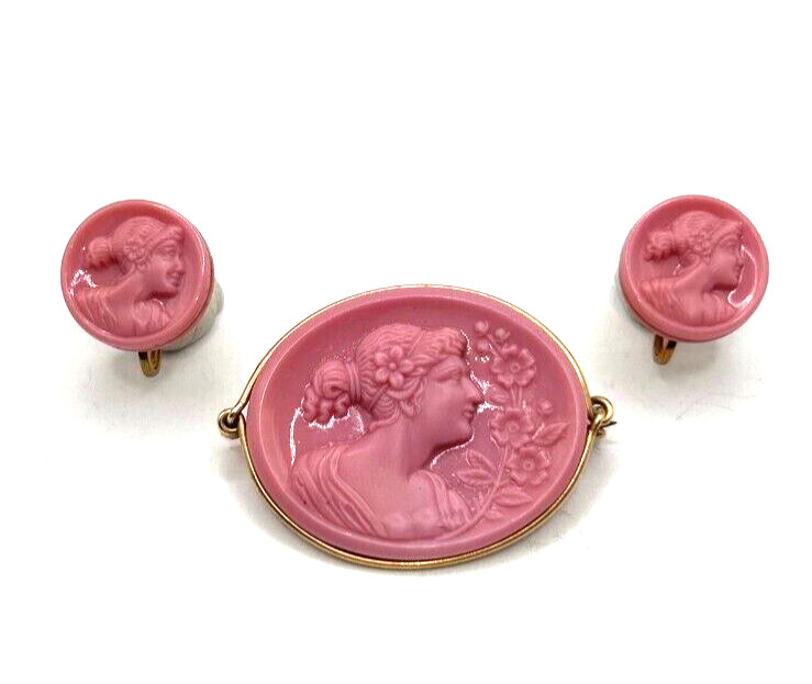Vtg Pink Glass Gold Filled Wire Wrapped Brooch & Earrings Set Estate