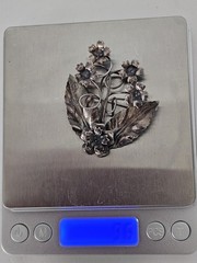 925 Sterling Silver Floral Brooch 2″ Antique Art Deco Roses Pin 9.6 Grams