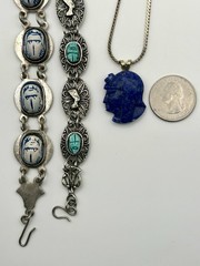 Vintage Scarab Bracelets Pharaoh Pendant Lapis Egyptian Revival Blue *READ*