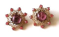 Vintage Weiss Signed Earrings Cip On Pink Rhinestone Filigree