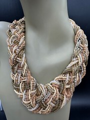 VINTAGE SEED BEAD CHAMPAGNE PEACH MULTI STRAND WOVEN NECKLACE 22″ LONG