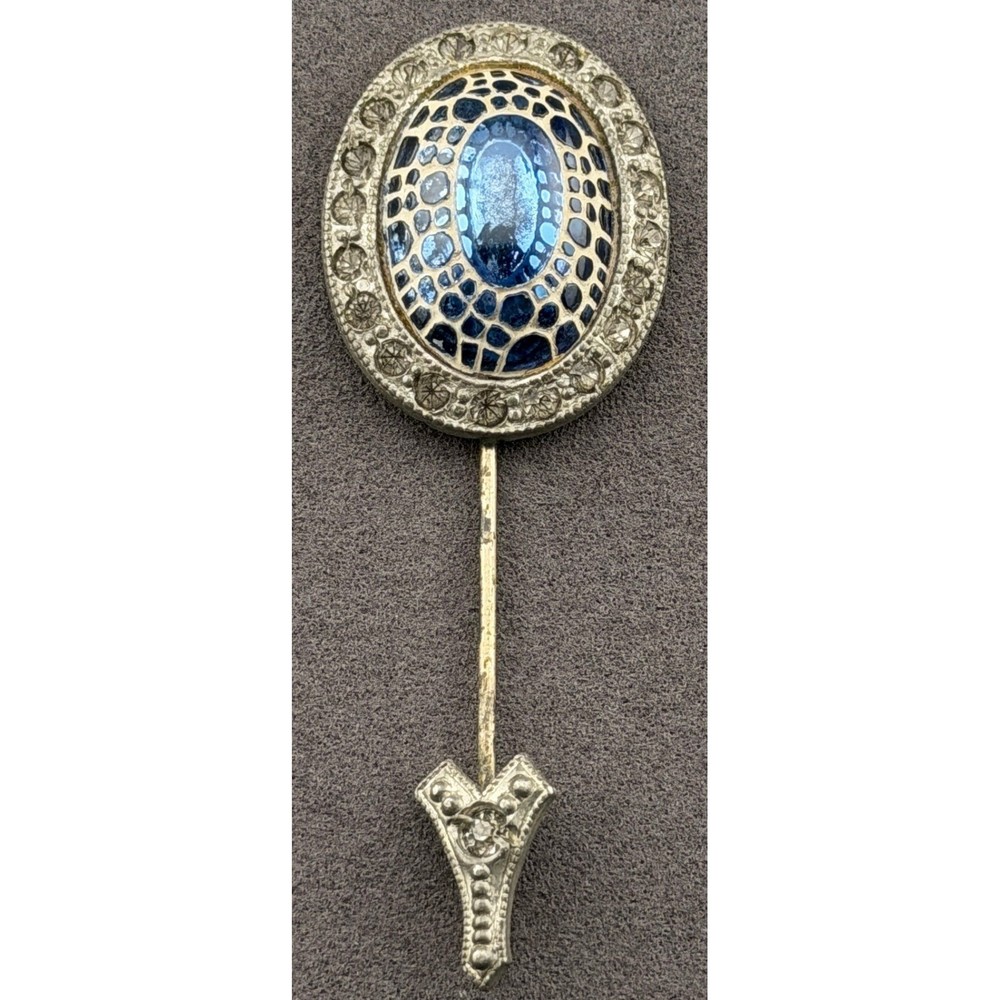 Vintage Art Deco Stick Pin Jabot Blue Glass Paste Rhinestone Screw Back Mosiac
