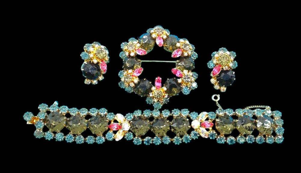 Vintage Demi-parure Juliana DeLizza and Elster Gold Tone Gray Rhinestone *Read*