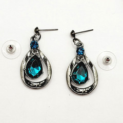 Blue Glass Water Droplet Drop Dangle Silver Tone Sparkly Fancy Pierced Earrings