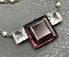 Vintage Art Deco Pearl & Purple Glass Pendant Necklace 925 Silver Clasp READ