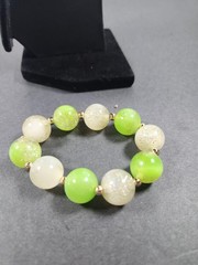 Vintage Acrylic Bead Necklace And Bracelet Lime Green White Gold Crackle Effect