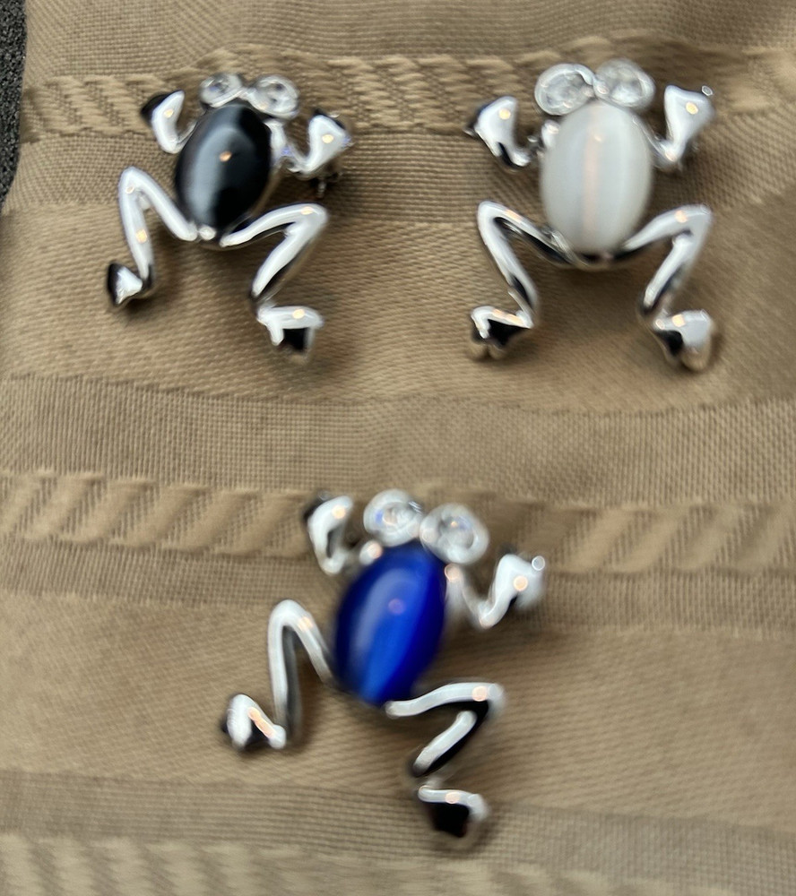 Lot of 3 Frog Stud Earrings Silver Tone Metal Enamel Black White Blue