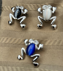 Lot of 3 Frog Stud Earrings Silver Tone Metal Enamel Black White Blue