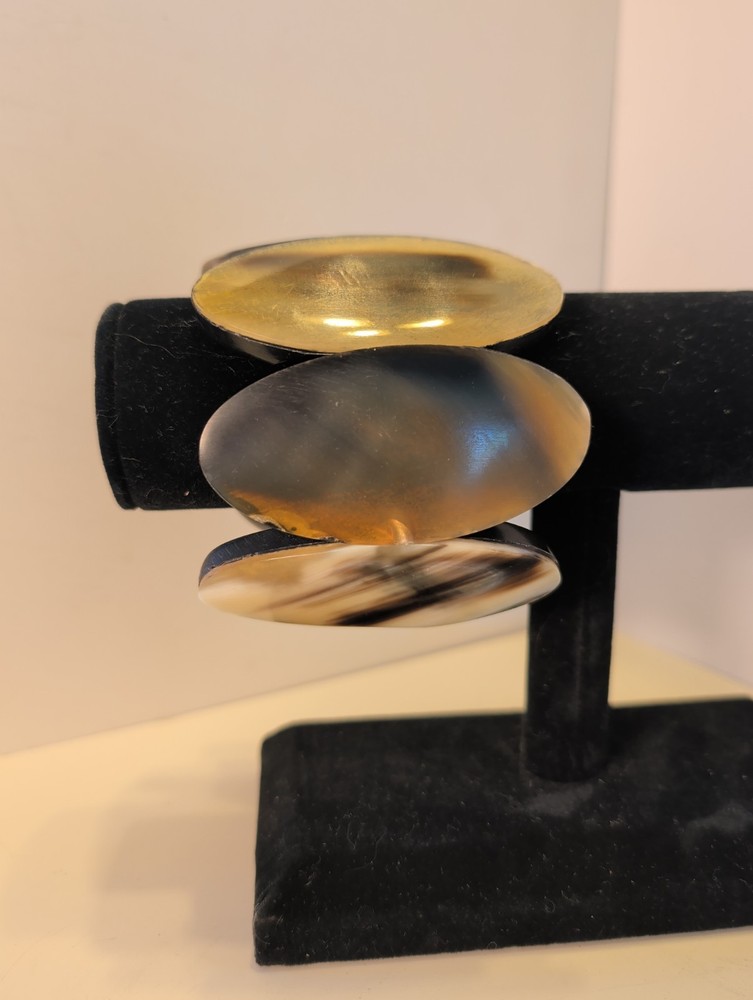 Vintage Polished Buffalo Horn Oval Panel Stretch Bracelet Chunky Bangle