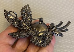 Vintage Blue AB Rhinestone Brooch Oversized Corsage Bouquet Black Metal unsigned