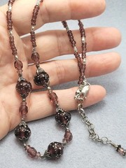 Vintage Purple Art Glass Beads Necklace 925 Clasp 17in.