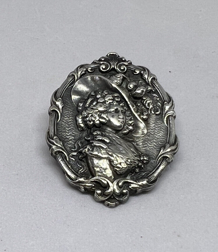 Art Nouveau Silver Plated Pewter Lady In The Hat Brooch Pin
