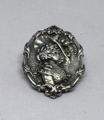 Art Nouveau Silver Plated Pewter Lady In The Hat Brooch Pin