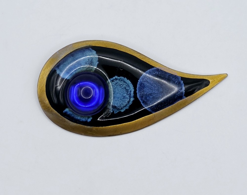 Vintage MCM Artisan Copper Enamel Teardrop Brooch Pin Modernist Abstract Blue 3″