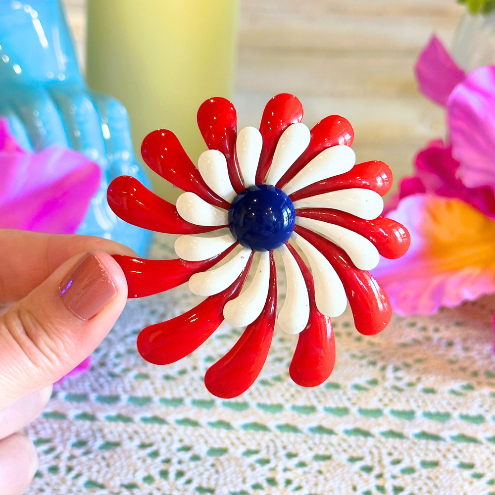 Vintage Red White Blue Enamel Flower Brooch Mid Century Atomic Starburst Pin