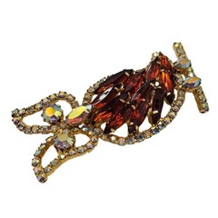 Vtg Rhinestone Owl Brooch Gold Tone Aurora Borealis Figural 2.5″ Pin Woodland