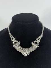 Vintage Rhinestone Crystal Silver-Tone BIB Statement Necklace Choker ~ 15-in