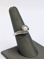 Nevada Silver Mines Vtg Sterling Silver Pearl & White Topaz Bypass 925 Ring Sz 7