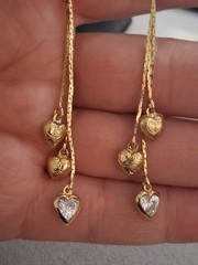 Puffy hearts & crystal bezel-set heart tassel earrings, multi chain, cascading