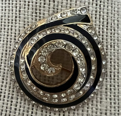 Black & Rhinestone Gold Tone Swirl Brooch Angel Jewelry Co Stamped Vintage