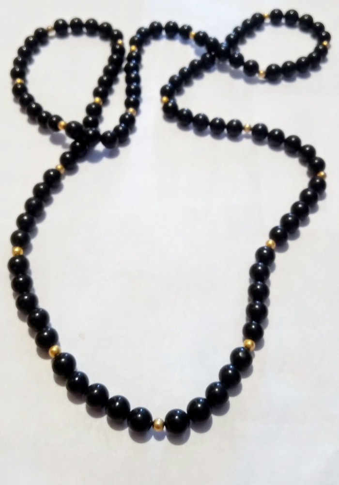 Vintage Black Stone Beaded Necklace With Gold Tone Spacers 17 Inches
