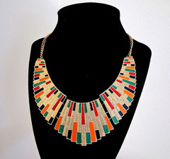 Vintage Egyptian Revival Bib Necklace Gold Tone Enamel Cleopatra Collar Art Deco