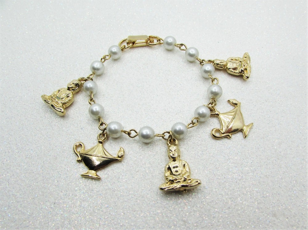 Vintage Genie & Magic Lamp Charm Bracelet for Girls- Faux Pearls- Gold Plated