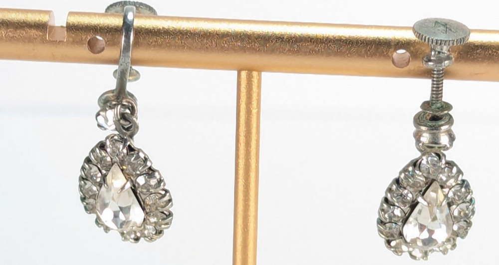 VTG Earrings Pear Cut Clear Rhinestone Halo Screw Back Prong Wedding Formal 1″