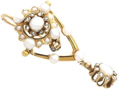 Natural Pearl, 0.66Ct Diamond and Enamel, 9k Yellow Gold Drop Earrings