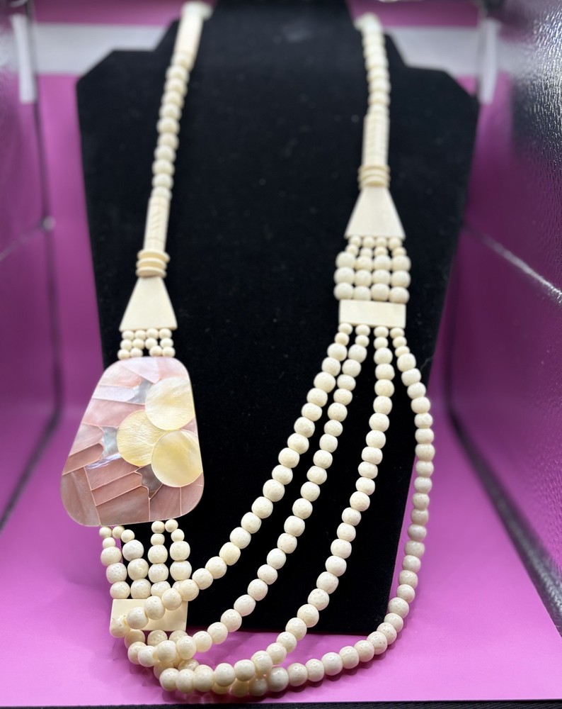 Vintage Bone Bovine Necklace Hand Carved Beaded 4 Strand