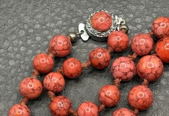 Vintage Red Glass Crackle Bead Necklace Box Clasp Hand Knotted Silver Tone