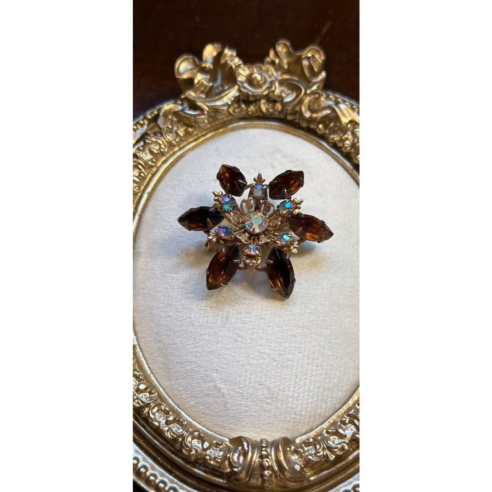 Beautiful Vintage Orange Brown Rhinestone Spray Pin Brooch