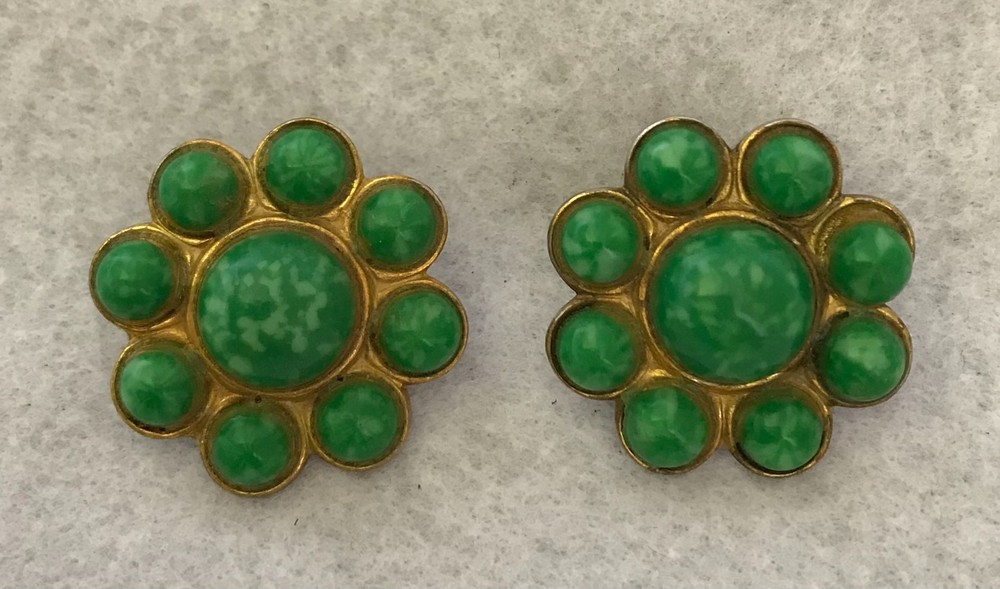 Faux Jade Green Cabochon, Flower Clip-On, Twist Back Earrings, Vintage, JWL-1054
