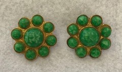 Faux Jade Green Cabochon, Flower Clip-On, Twist Back Earrings, Vintage, JWL-1054