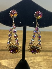 Vtg 1960s Watermelon Glass Rivoli & AB Rhinestone Clip On Dangle Earrings 2”