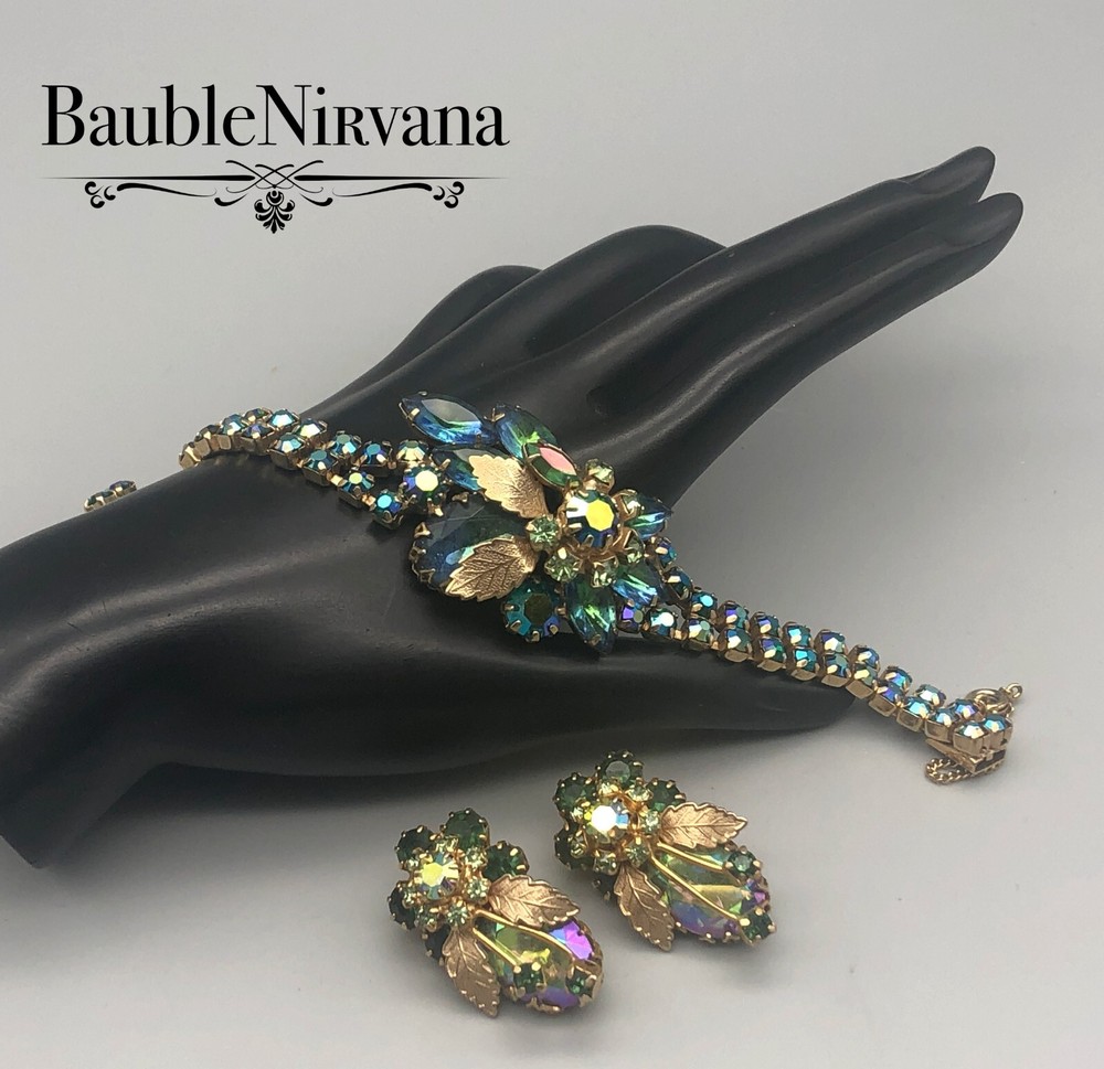 VTG Juliana AB Iridescent Peacock Blue&Green Gold Leaves Bracelet&Earrings Set