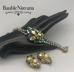 VTG Juliana AB Iridescent Peacock Blue&Green Gold Leaves Bracelet&Earrings Set