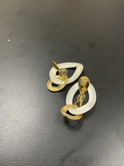 Vintage MONET Clip On Set Gold Tone & White Enamel/ Gold Texture Dangle Hoops