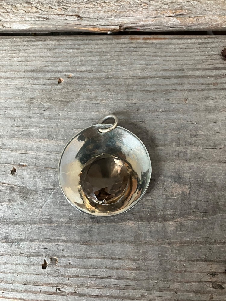 MCM Modernist Artisan Unsigned Smoky Quartz Pendant Silver Tone
