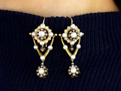 Natural Pearl, 0.66Ct Diamond and Enamel, 9k Yellow Gold Drop Earrings