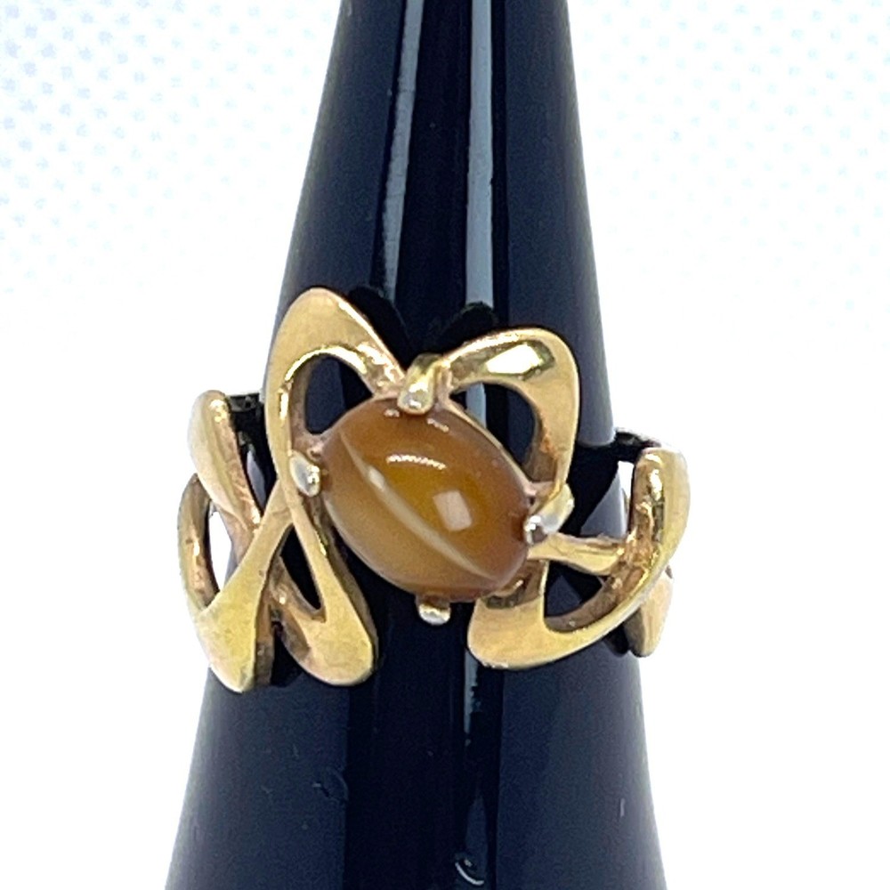 VTG 18KT HGE Gold Plate Ring Tiger Eye Art Nouveau Abstract MCM Retro Size 6.25