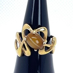 VTG 18KT HGE Gold Plate Ring Tiger Eye Art Nouveau Abstract MCM Retro Size 6.25