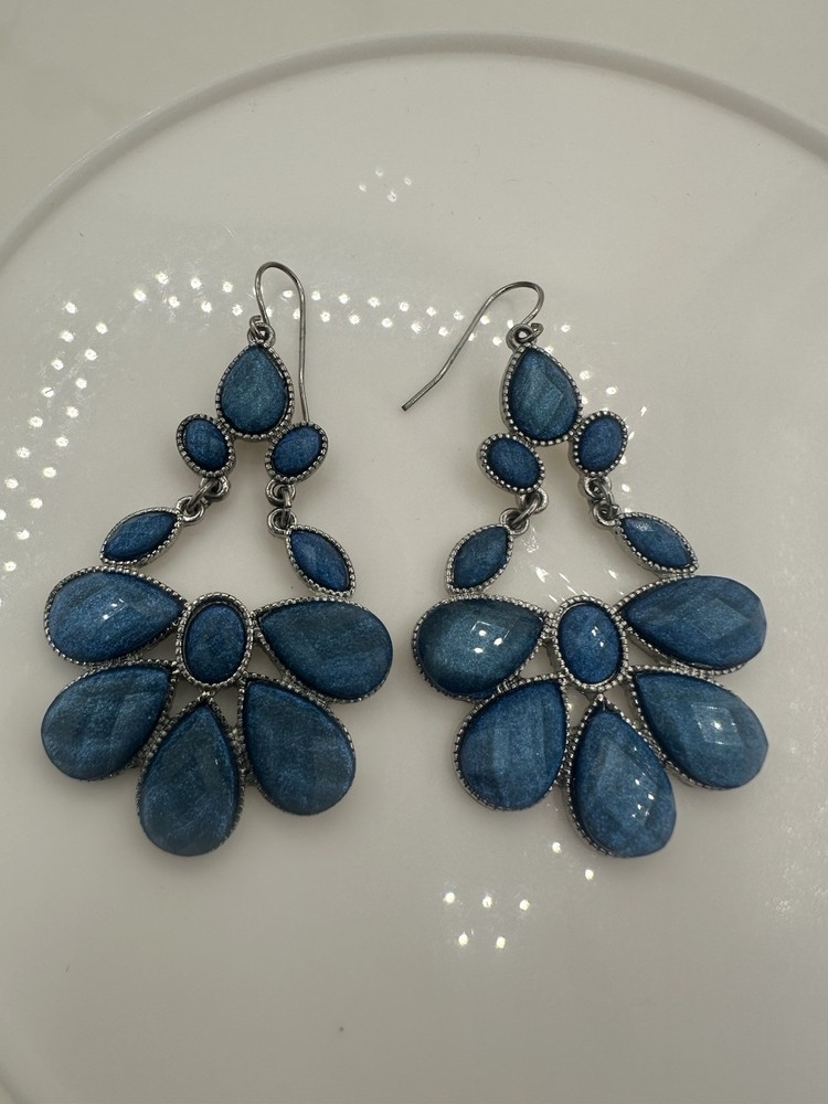 VTG Peacock Chandelier Statement Earrings Blue Peacock Dangler Iridescent Prom