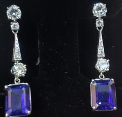 Vintage Filigree 18k white gold blue sapphire Drops earrings Emerald Cut